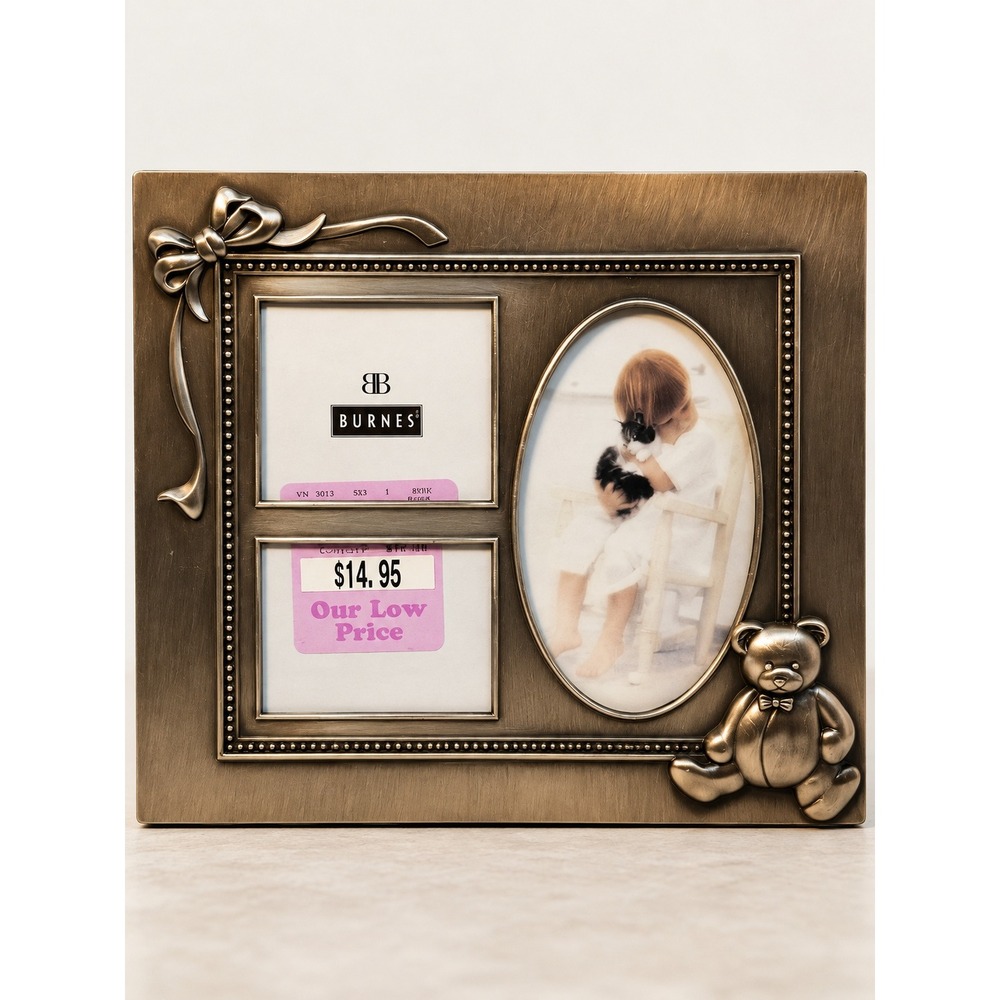 Burnes of Boston Pewter Early Years Picture Frame Bow & Bear Decor